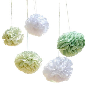 Sage & White Pom Pom Hanging Decorations 5pk